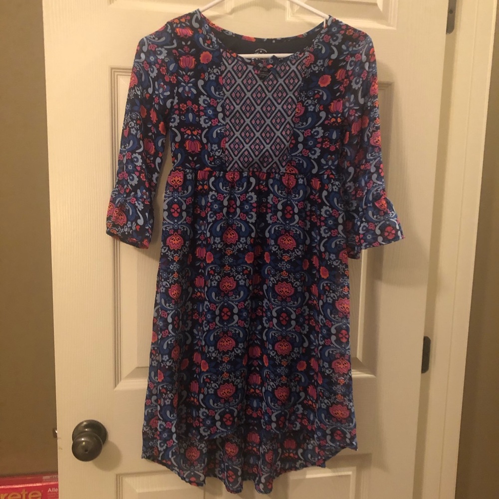 Cute navy and orange printed high/low dress